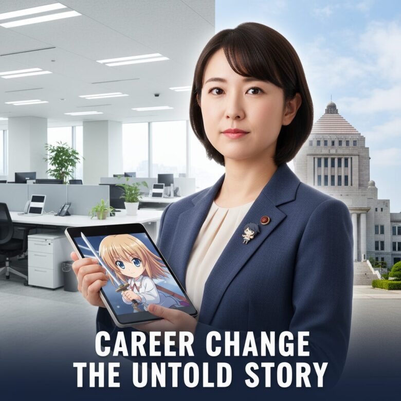 小野田紀美議員のポートレートとOLのオフィス風景の合成画像