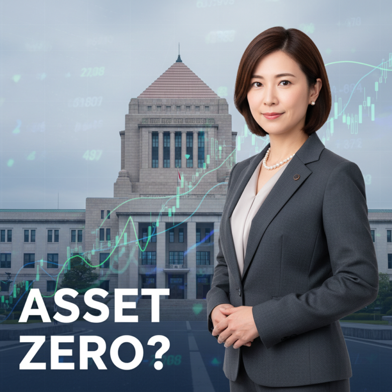 加藤鮎子氏のポートレートと「ASSET ZERO?」の文字、国会議事堂、株価チャートの合成画像