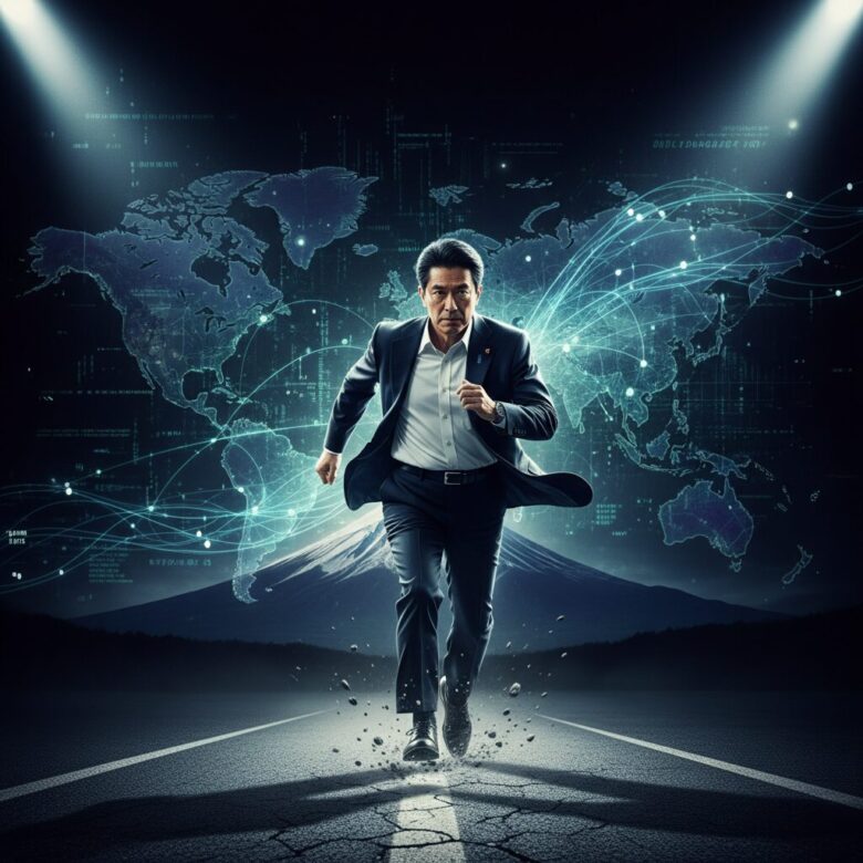 河野太郎氏の「執念」「グローバル戦略」「デジタル」を象徴する、富士山と世界地図を背景に走る政治家のイメージ。