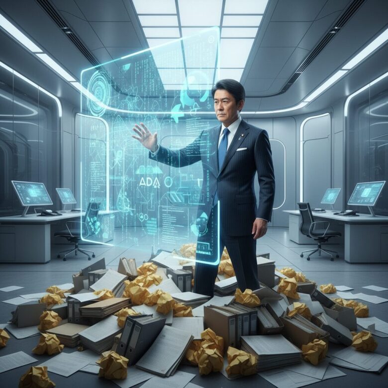 富士ゼロックス時代に河野太郎氏が「デジタル開眼」した瞬間。古い書類の山から立ち上がり、ホログラムのデータを見つめる姿。