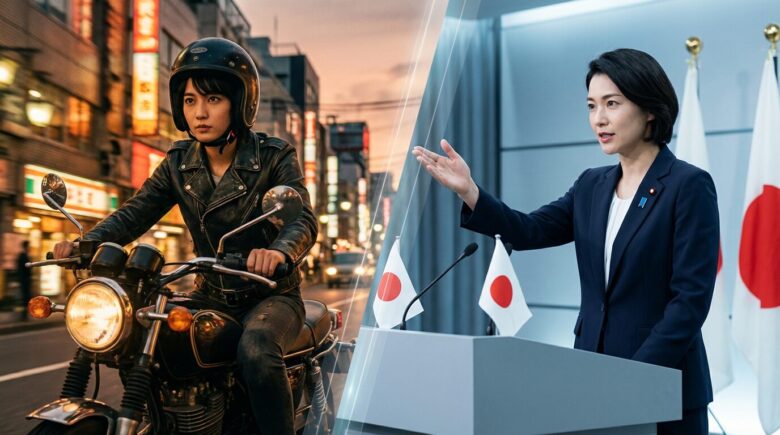 高市早苗の異色の経歴（革ジャン、バイク、米国研修）を象徴するイメージ