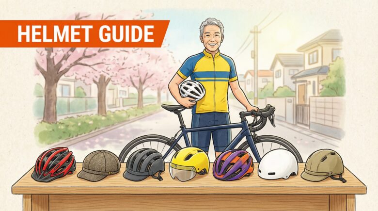 66歳シニアローディーが7種類の自転車ヘルメットを並べて比較しているイラスト