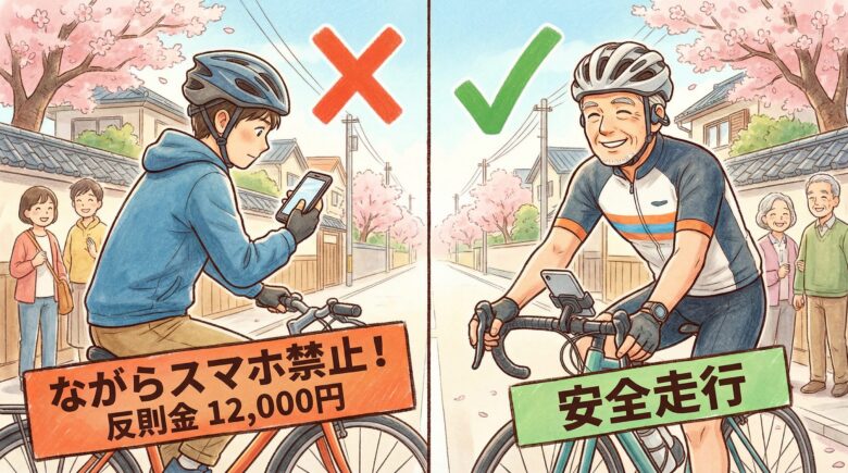 ながらスマホ自転車（NG）とスマホホルダー・骨伝導イヤホンで安全に乗るシニアローディー（OK）の比較イラスト