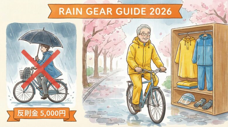 傘さし運転はNG（罰金5,000円）と、黄色いレインウェアを着て安全に走るシニアローディーの比較イラスト