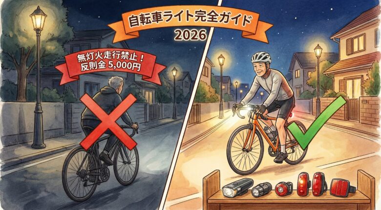 夜間無灯火走行NG（反則金5,000円）とライト装備OKの比較イラスト