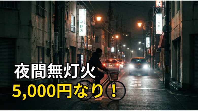 自動車の逆光の中、夜間無灯火で走る自転車は、黒いシルエットで見えにくい危険な状況を表現した画像、夜間無灯火5,000円なりの文字