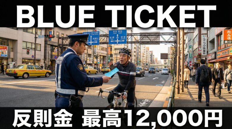 警察官が自転車乗りに青切符を切る場面。都市の交差点で中年男性サイクリストが驚いた表情で切符を受け取っている。