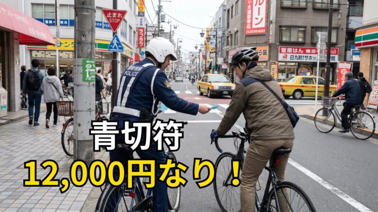 警察官が自転車乗りに青切符を切る場面。都市の交差点で中年男性サイクリストが驚いた表情で切符を受け取っている。
