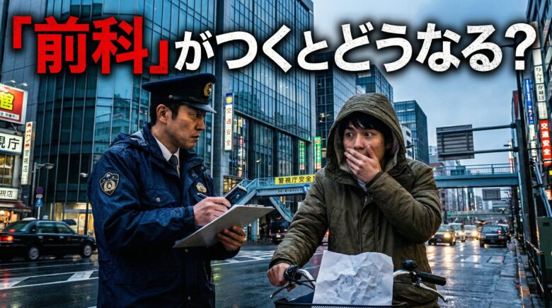 警察官に青切符を切られて驚く自転車乗り。「前科がつくとどうなる？」という日本語テキスト入り