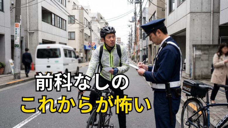 警察官に青切符を切られて驚く自転車乗り。「前科なしのこれからが怖い」という日本語テキスト入り