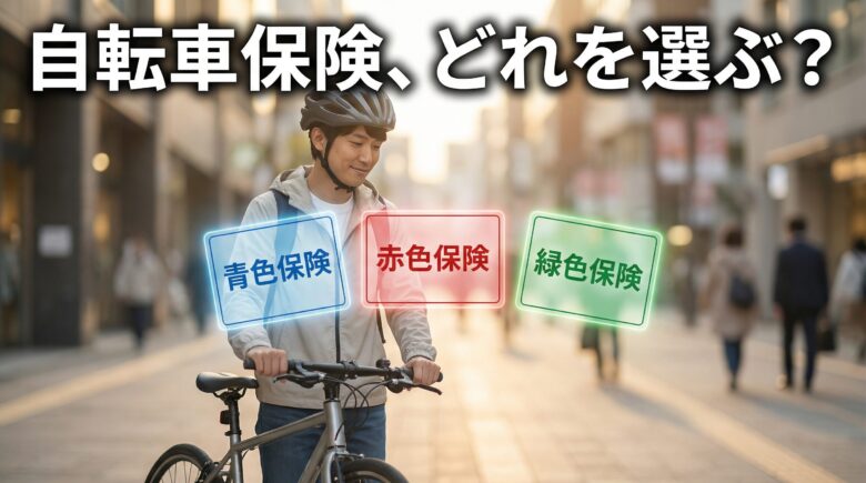 自転車保険の比較を検討する自転車乗りの男性。3種類の保険カードを見比べている