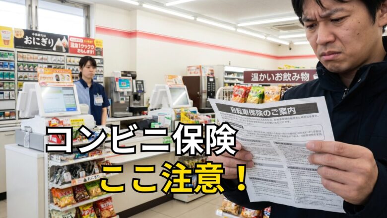 自転車保険の比較を検討する自転車乗りの男性。コンビニで見比べている