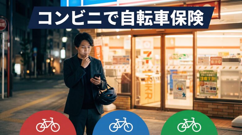 コンビニの前でスマホを見る自転車乗り。セブン・ローソン・ファミマの自転車保険を比較