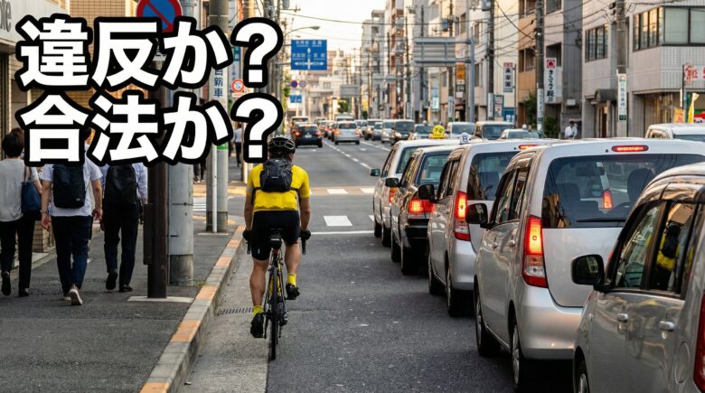 渋滞する車列の左側をすり抜けようとする自転車。「違反か？合法か？」という日本語テキスト入り