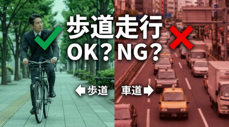 自転車が歩道を走行している様子と車道の比較、歩道走行のOK・NGを判定するイメージ図