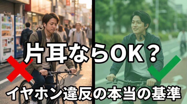 自転車の片耳イヤホンと骨伝導イヤホンの違反基準を解説するアイキャッチ画像