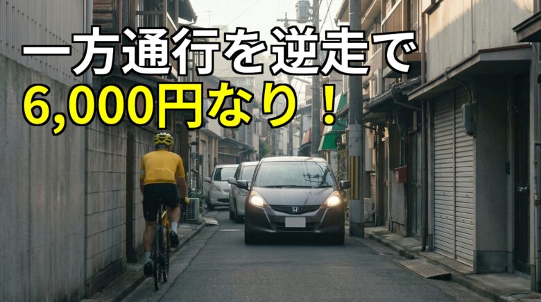 狭い一方通行の路地を車に向かって逆走する危険な自転車の画像