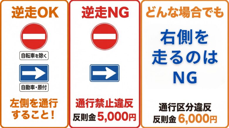 ３つの枠でOK,NG,と絶対ルールを表現している、左から補助標識のある場合、ない場合、常に左側の原則を表現した画像