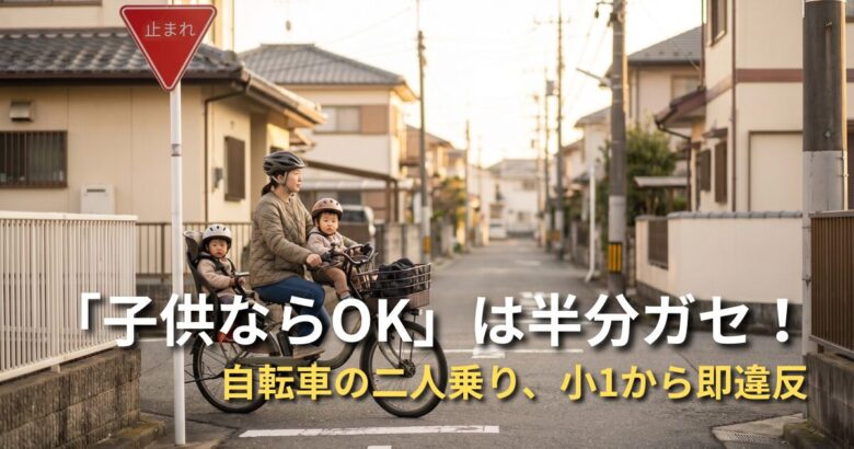 見通しの悪い交差点で3人乗り自転車を運転する母親と、前乗せシートに乗る幼児