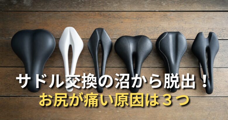 複数の自転車サドルが並べられた様子。穴あきサドル・幅広サドル・レーサーサドルなど種類の違いが一目でわかる