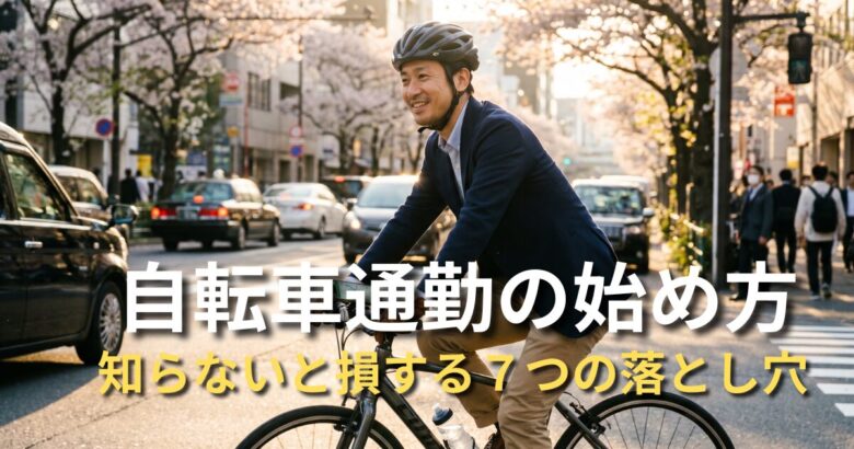 桜並木の街中をクロスバイクで爽快に通勤するビジネスマンの姿