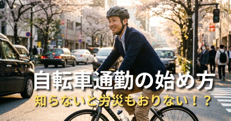 桜並木の街中をクロスバイクで爽快に通勤するビジネスマンの姿