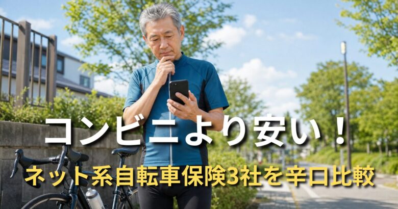自転車のそばでスマホを操作してネット保険を比較するシニアサイクリスト