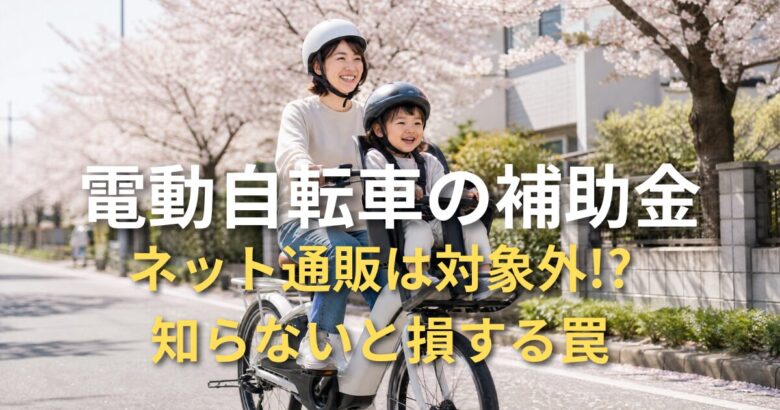 電動自転車に乗る親子と補助金に関する情報を表すイメージ画像