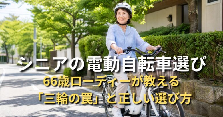 シニア女性が笑顔で電動アシスト自転車に乗っている風景