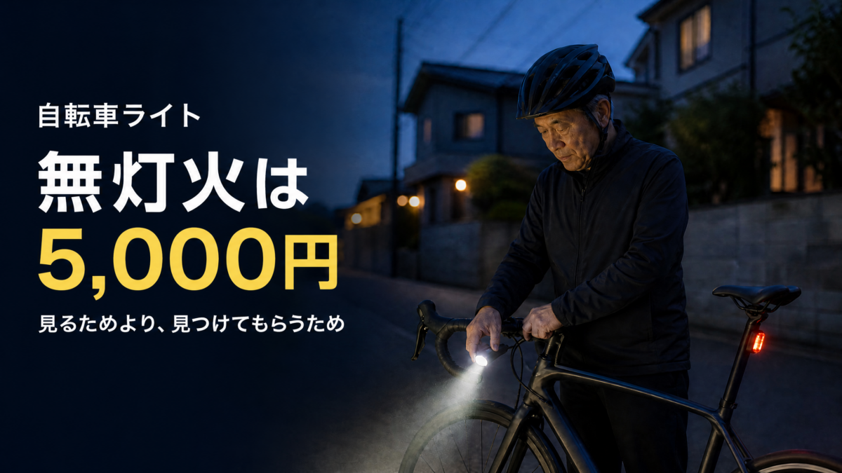 「自転車ライトの無灯火は5000円。見るためより見つけてもらうため」の文字入り。シニアが暗い夜道で自転車のヘッドライトのスイッチを入れているところ。