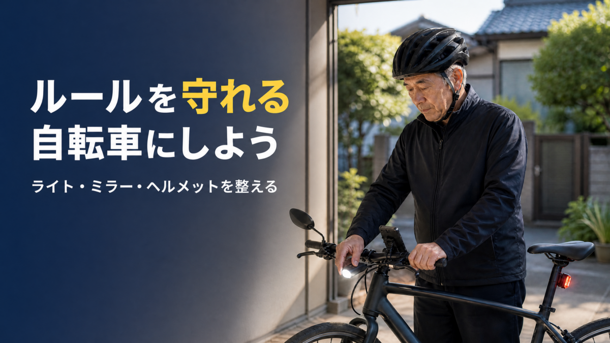 シニアが自転車で出かけようと準備をしているところ。タイトルにルールを守れる自転車にしよう。ライト、ミラー、ヘルメットを整える、と文字が入っている。