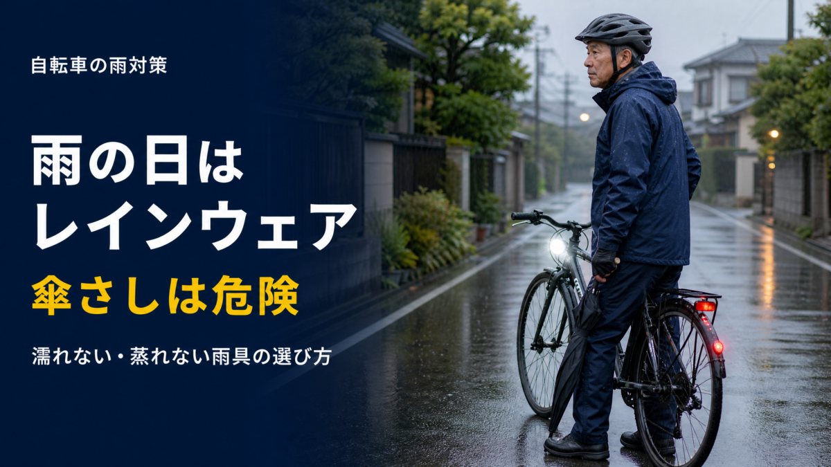 雨天住宅街で、66歳前後の男性が自転車を停車させた状態で、レインウェア・ヘルメット・前後ライトを整え、閉じた傘を手に持つ様子。タイトルに、「自転車の雨対策、雨の日はレイングウェア、傘差しは危険、濡れない、蒸れない雨具の選び方」という文字が入っている。